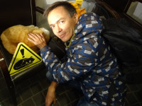 2022.10.12 Me and the cats of the Zelenogradsk “Murarium”: the red-haired one on the bottom floor, with the warning sign. ⚠️ 😾
