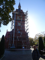 2022.10.12 In front of the restored Orthodox Church of the Transfiguration of the Lord (the former Lutheran Adalbertkirche of 1896) in Zelenogradsk (Kaliningrad region, Russia).