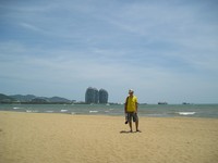 2017.06.03 A view from a Sanya beach (Hainan, China) to the sail-like hotel on the coast of the South China Sea.