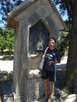 2019.06.05 At the stone shrine #1 with the bronze engraving of the Station #1 (Jesus is condemned to death) on the Way of the Cross, or rather its copy on the Filerimos hill.
